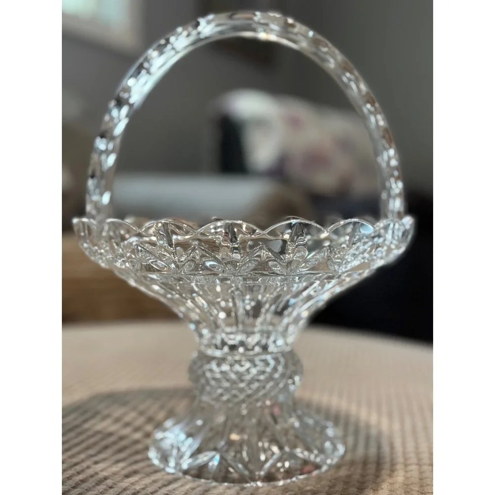 Vintage Cut Crystal Glass Pedestal Basket Scalloped Rim Etched Handle 12in